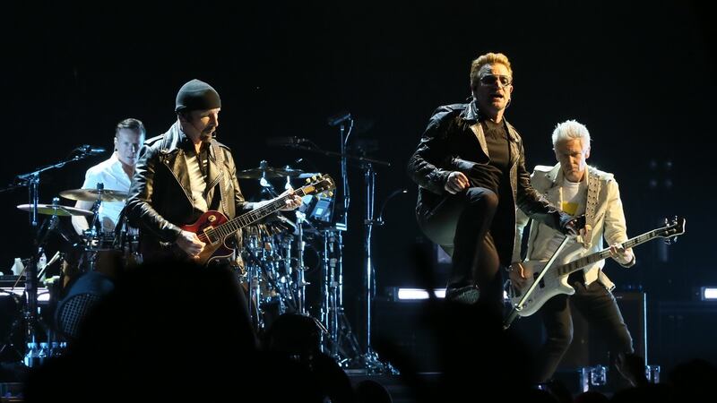 Larry Mullen Jr, The Edge, Bono and Adam Clayton of U2 performing at  the band’s sold-out gig at the SSE Arena in Belfast last November. Photograph: Niall Carson/PA Wire