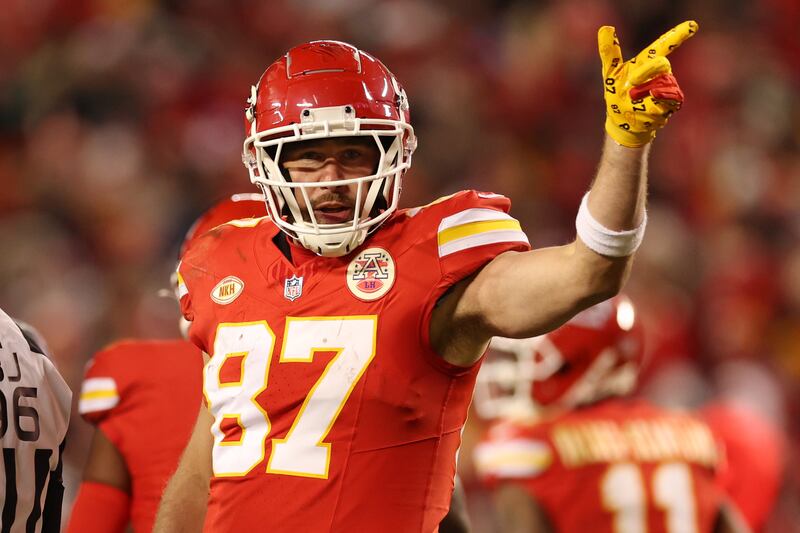 Travis Kelce of the Kansas City Chiefs reacts after a first down during the third quarter against the Cincinnati Bengals on December 31st, 2023, in Kansas City, Missouri. Photograph: Getty Images