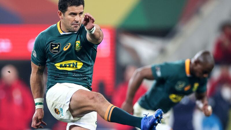 South Africa’s Morné Steyn kicks the winning penalty late in the third Test against the British & Irish Lions in Cape Town. Photograph: Billy Stickland/Inpho