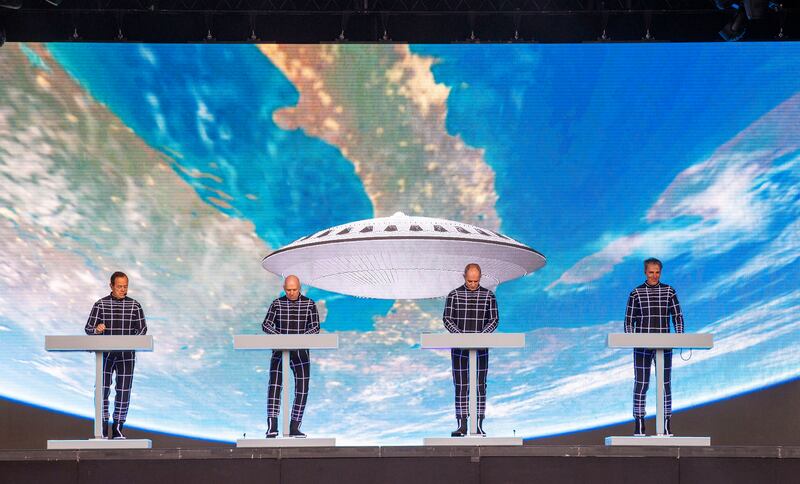 Ralf Hütter, Fritz Hilpert, Henning Schmitz and Falk Grieffenhagen of Kraftwerk perform at Trinity College Dublin. Photograph: Tom Honan