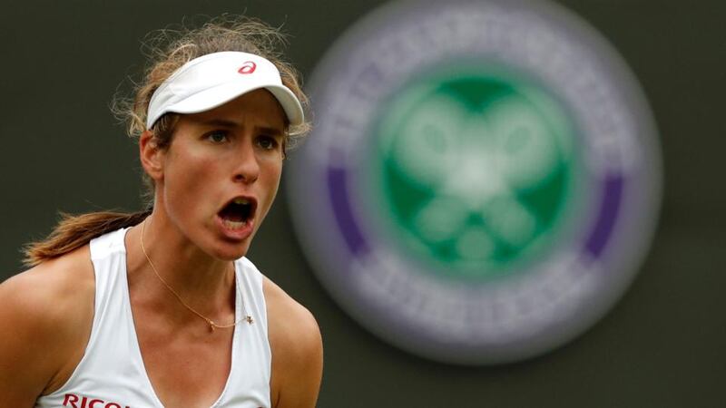 Britain’s Johanna Konta on her way to defeating Puerto Rico’s Monica Puig during their first round match on the third day of the  Wimbledon Championships. Photograph: AFP