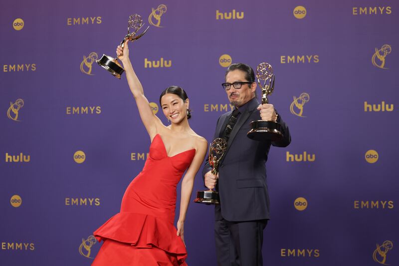 Japanese actress Anna Sawai (left) winner of the Outstanding Lead Actress in a Drama Series award for Shogun and Japanese actor Hiroyuki Sanada, winner of the Outstanding Lead Actor in a Drama Series award for Shogun during the 76th annual Emmy Awards ceremony. Photograph: EPA 