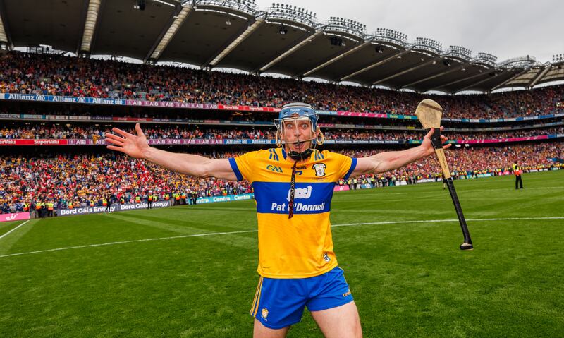 Clare’s David McInerney celebrates victory over Cork at the final whistle.
Photograph: James Crombie/Inpho