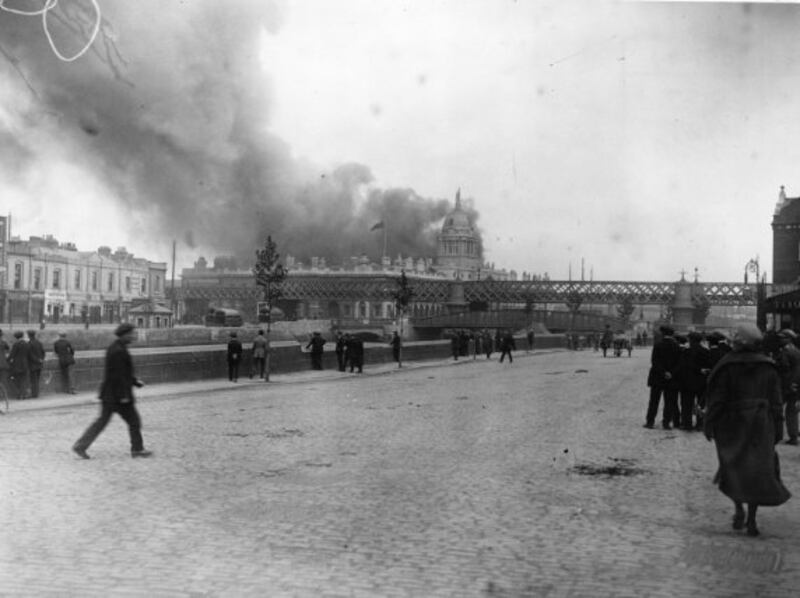 The burning of the Customs House,  May 25th, 1921. One of the finest Georgian buildings in Dublin, the building was targeted by the Dublin Brigade of the IRA primarily as a propaganda exercise; the fact that it housed the Local Government Board for Ireland was an added bonus. The burning of the building was hastened by the fact that by the fact that many of the firemen were themselves members of the IRA and were not inclined to tackle a blaze started by their colleagues. The operation resulted in the deaths of five IRA members, and the capture of more than 80 more (Mercier Archives).