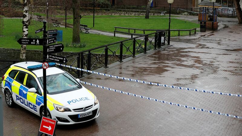 A police vehicle is seen parked next to cordon tape close to where former Russian intelligence officer Sergei Skripal and his daughter Yulia were found poisoned, in Salisbury, in England. Photograph: Reuters