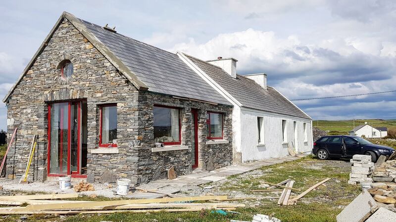 Today, the house is complete, the old turf shed is now a habitable one bed apartment with kitchen, bathroom and wood-burning stove.