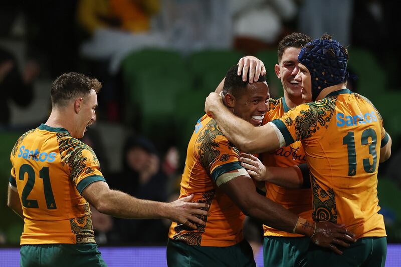 Filipo Daugunu of the Wallabies celebrates with team-mates after scoring a try during the victory over Wales at AAMI Park in Melbourne, Australia. Photograph: Cameron Spencer/Getty Images