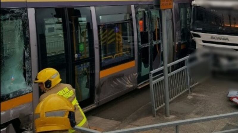 Trams were earlier not operating between Saggart and Belgard following a crash between a tram and a truck. Photograph: Twitter