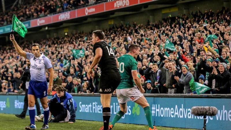 Johnny Sexton celebrates a big play against New Zealand in 2018. Photograph: Gary Carr/Inpho