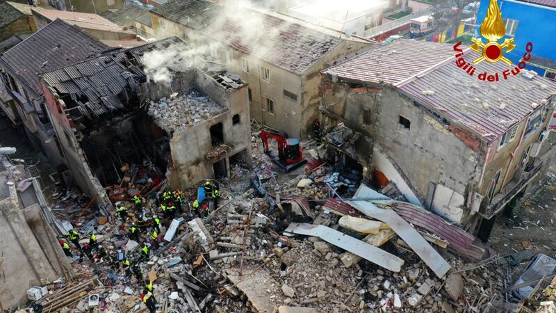 The remains of the four-storey apartment building which collapsed following a gas explosion in Ravanusa, Sicily on Saturday. Photograph: Vigili Del Fuoco/Vigili del Fuoco/AFP via Getty