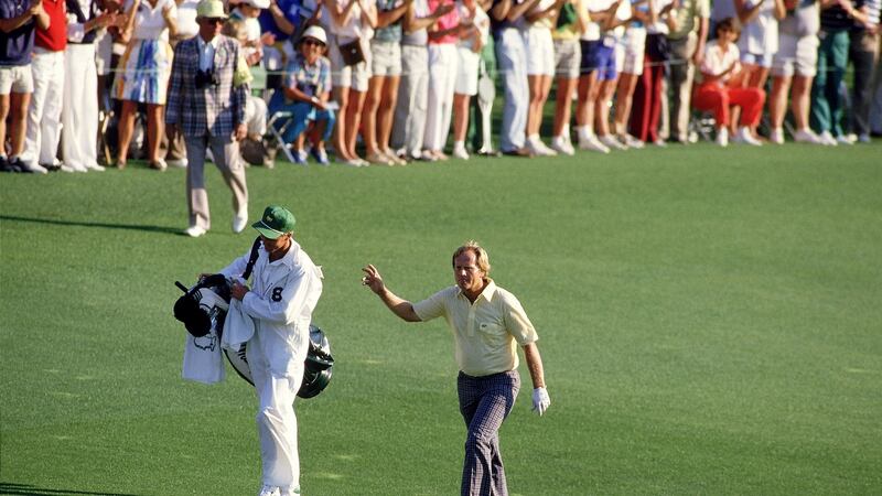 Jack Nicklaus walks up the 18th fairway en route to victory at the 1986 Masters. Photograph: David Cannon/Allsport