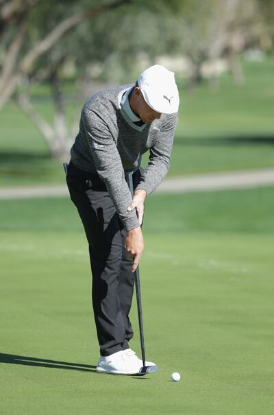 DeChambeau practicing with his face-on method at the Sony Open in January. The method has since been banned by the USGA. Photo; Getty Images