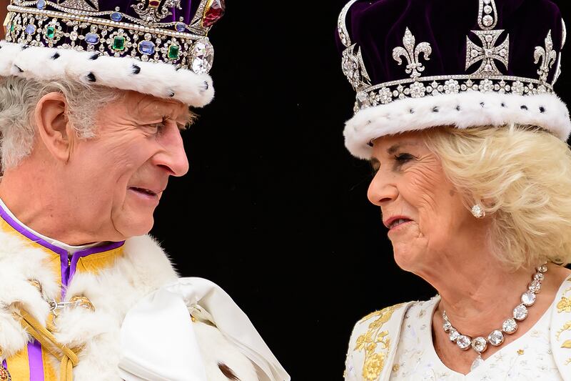 Britain's King Charles III looks at Queen Camilla following their coronations. Photograph: Leon Neal/POOL/AFP via Getty Images