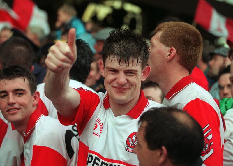 Enda Gormley celebrates Derry's All-Ireland final win of 1993. Of Mullins he says: 'A real genuine character. You had to break down that wee bit of an exterior, but once you earned his trust you were fine.' Photograph: Inpho 