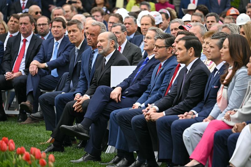 US Secretary of Health and Human Services Robert F. Kennedy Jr. (L), US Secretary of Commerce Howard Lutnick (2nd L), US Secretary of Treasury Scott Bessent (C), US Speaker of the House Mike Johnson (3rd R) US Secretary of State Marco Rubio (2nd R) and US Secretary of Defense Pete Hegseth (R) listen to US President Donald Trump deliver remarks on reciprocal tariffs during an event in the Rose Garden Photograph: Getty Images         