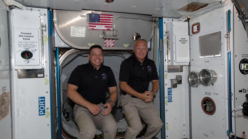 Astronauts Bob Behnken (L) and Doug Hurley, having just entered the orbiting lab of the International Space Station on  May 31st, 2020. Photograph: Nasa via The New York Times