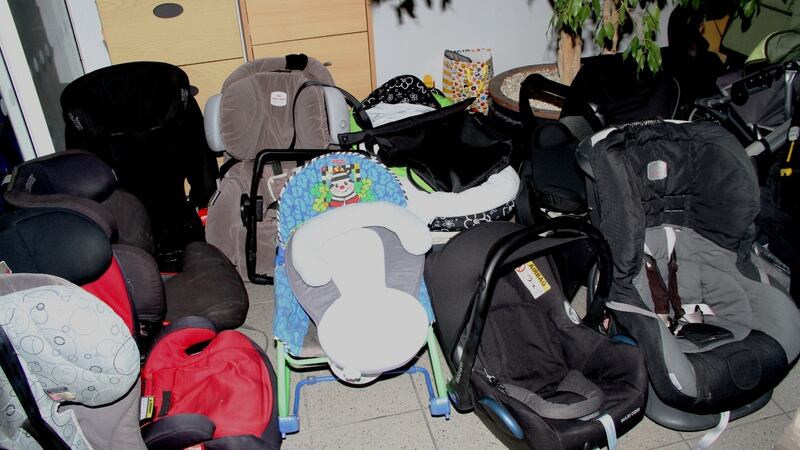 Car seats left by Irish people for Ukrainian families at Dublin Airport. Photograph: Ronan McGreevy