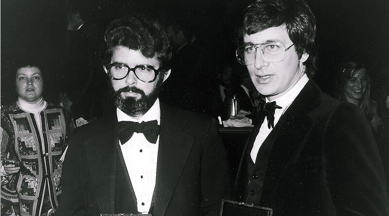 Directors George Lucas (L) and Steven Spielberg hold their Best Director nomination plaques at the Directors Guild of America annual awards dinner on March 11, 1978. Lucas was nominated for 'Star Wars' and Spielberg for 'Close Encounters of The Third Kind,' though neither won. Photo by Frank Edwards/Fotos International/Getty Images)