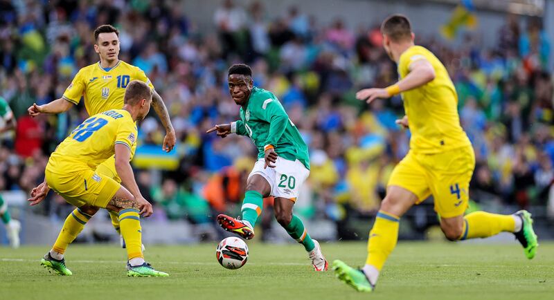 Ireland's Chiedozie Ogbene in action during the Nations League game against Ukraine. Photograph: Ryan Byrne/Inpho