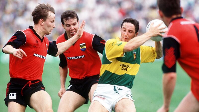 Donal Reid of Donegal is surrounded by Down players during the 1991 Ulster final. Photograph: Inpho