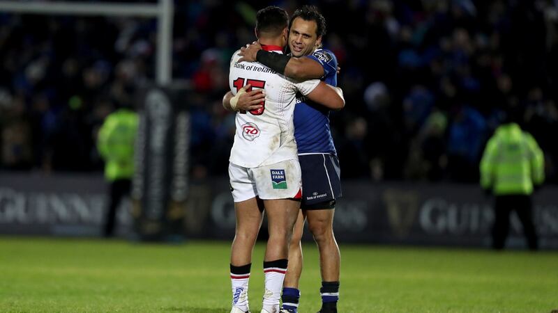 Piutau hugs fellow Kiwi Isa Nacewa of Leinster after. Photo: Dan Sheridan/Inpho
