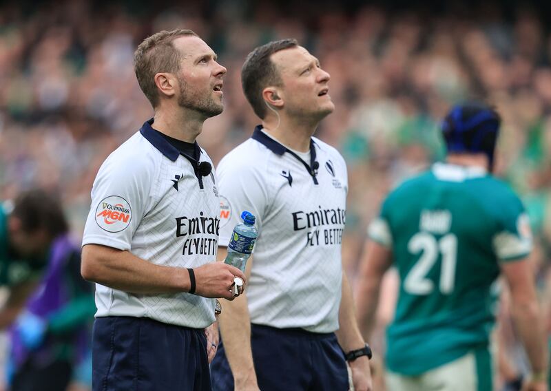 Ireland vs France: Referee Angus Gardner with assistant refereee Matthew Carley review an incident. Photograph: Dan Sheridan/Inpho