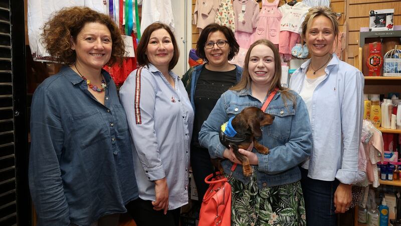 Store volunteers Aoibhinn Finlay; Nadia Zakharova; Elena Brook; Clare McAfee with her dog, Daisy; and Oxana Crossen. Photograph: Nick Bradshaw