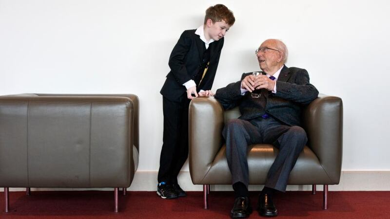 ‘The next big idea is not going to come from the top down, from a brilliant public servant like Ken Whitaker in 1958.’ Above, Ken  Whitaker  with his grandson Conor, from Rathmines, during a gathering organised by the SDLP  to honour Whitaker’s  life and achievements. Photograph: Brenda Fitzsimons / THE IRISH TIMES