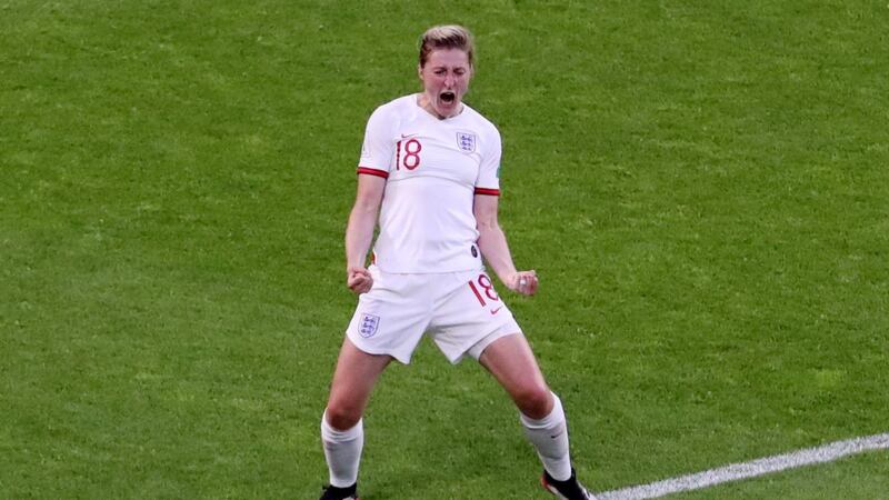 England’s Ellen White celebrates scoring their second goal  during the  Women’s World Cup quarter-final against Norway at Stade Oceane in  Le Havre. Photograph: Yves Herman/Reuters