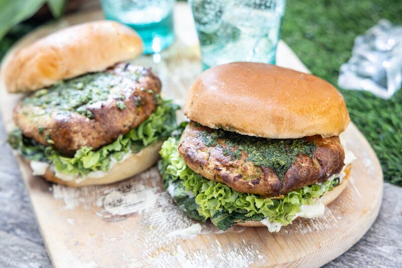 Grilled fish cake with tartar sauce and wild garlic pesto