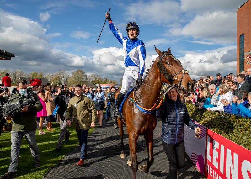 Paddy O’Hanlon on Lord Lariat celebrates winning last year's BoyleSports Irish Grand National at Fairyhouse. Photograph: Morgan Treacy/Inpho