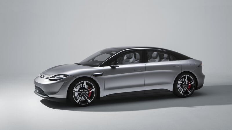 Sony’s Vision-S four-door saloon has stylistic overtones of both Saturn and Tesla.
