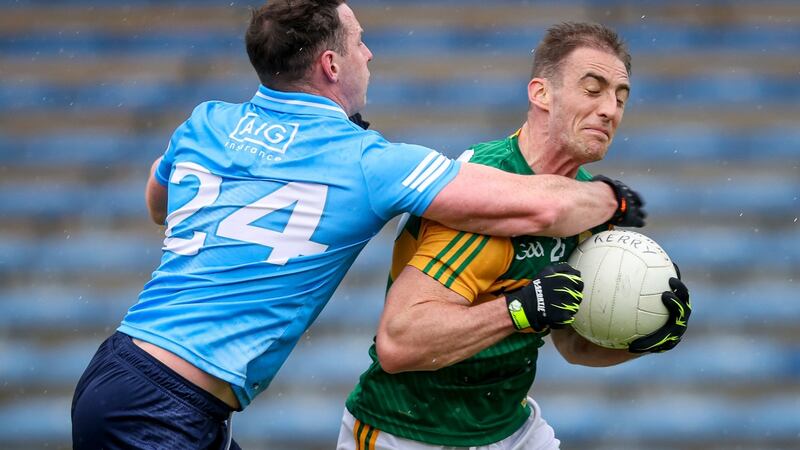 Dublin’s Philly McMahon concedes a penalty tackling Stephen O’Brien of Kerry during the game at Semple Stadium. Photograph: Gary Carr/Inpho