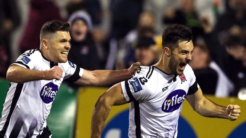 Pat Hoban celebrates his title-sealing goal at Oriel Park. Photograph: Ryan Byrne/Inpho