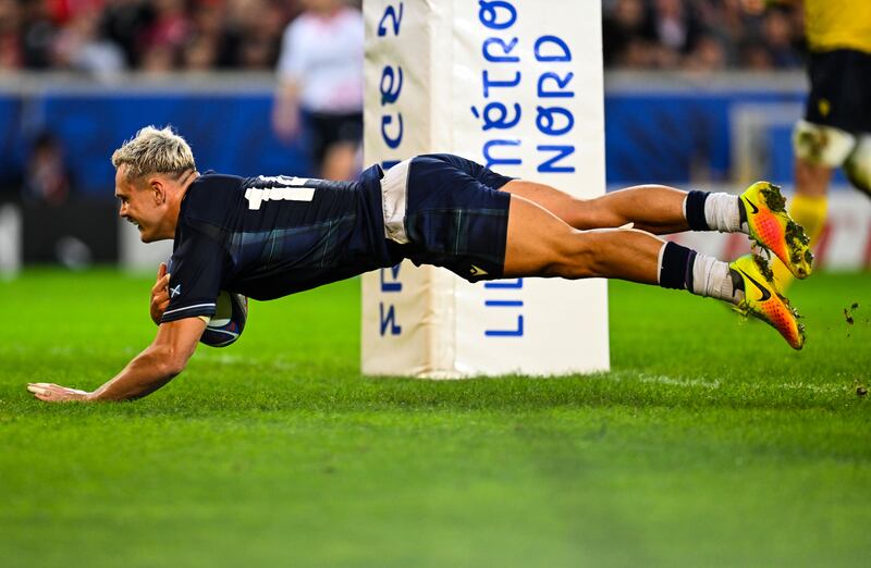 Scotland’s Darcy Graham crosses for one of his four tries in the rout of Romania. Photograph: Craig Watson/Inpho