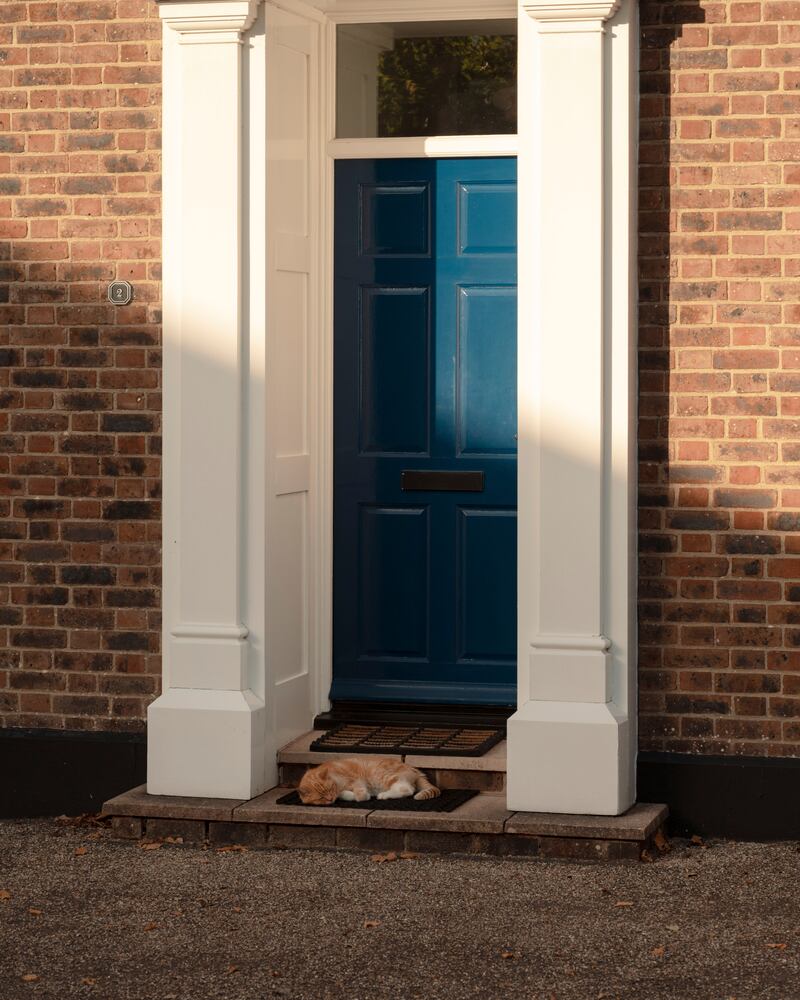 A cat sleeps in a home’s front doorway in Poundbury. Photograph: Francesca Jones/The New York Times