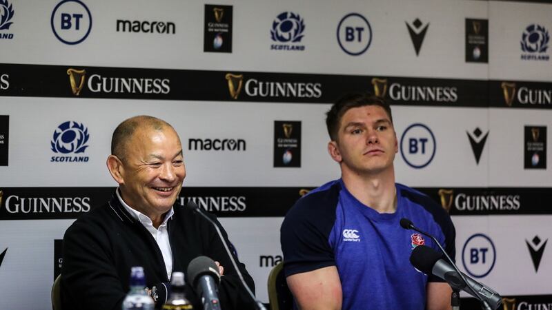 Eddie Jones and Owen Farrell after England’s narrow win over Scotland at Murrayfield. Photograph: Billy Stickland/Inpho