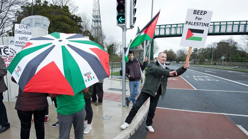Former teacher Mick Cuddy, a supporter of the Ireland-Palestine Solidarity Campaign outside RTÉ in Dublin. Photograph: Dave Meehan