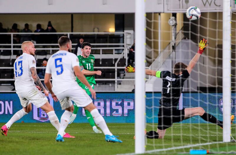 Ireland's Robbie Brady scoring a late goal against Finland. Photograph: Ryan Byrne/Inpho