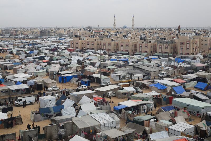 A tent camp in Rafah, in the southern Gaza Strip, housing Palestinians displaced by the Israeli offensive. Photograph: Hatem Ali/AP