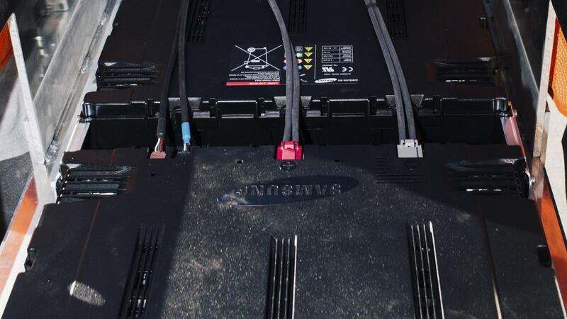 Batteries are wired at a grid-size energy storage facility in Escondido, California. Photograph: Coley Brown/The New York Times