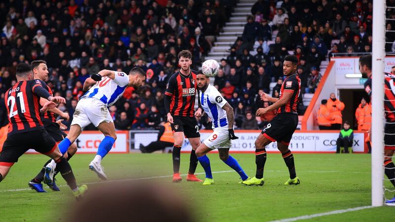 Brighto’s Florin Andone scores his side’s third goal. Photo: Mark Kerton/PA Wire