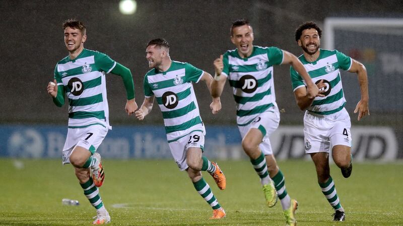 Shamrock Rovers celebrate their penalty shootout win. Photograph: Ryan Byrne/Inpho