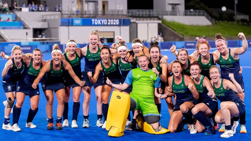 The Ireland women’s hockey team celebrate their win over South Africa in the opening game at the Tokyo Olympics. Photograph: Morgan Treacy/Inpho
