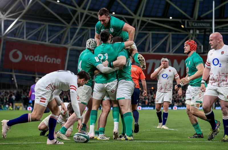 Ireland vs England in the Six Nations fixture of 2023: Ireland's Mack Hansen, Jack Conan, Conor Murray, Cian Healy and Rob Herring Dan Sheridan celebrate a try. Photograph: Inpho