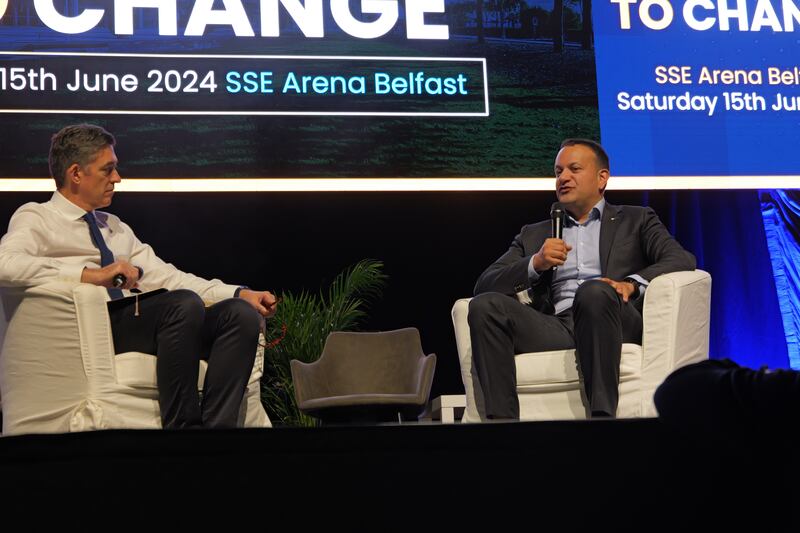 Former taoiseach Leo Varadkar in conversation with journalist Jim Fitzpatrick at the Ireland's Future conference in Belfast on Saturday. 