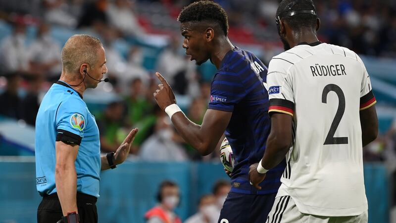 There are no hard feelings between PaulPogba and Antonio Rudiger after France’s win over Germany. Photograph:  Matthias Hangst/Getty
