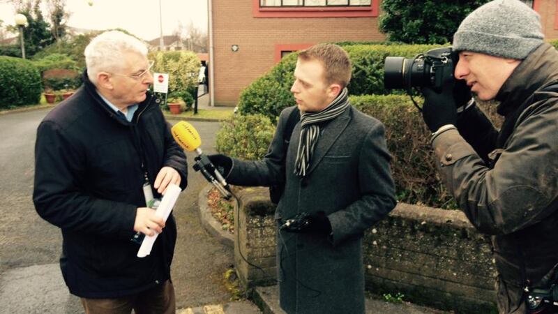 Socialist Party TD Joe Higgins outside Terenure Garda Station on Monday morning where Paul Murphy is understood to be held. Photograph: Cyril Byrne/The Irish Times