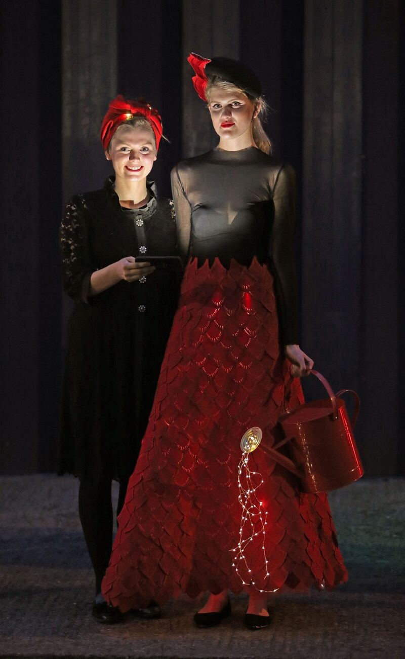 Designer Ally Nolan and model Jane Higgins wearing Nolan’s award-winning design at the The Festival of Curiosity. Photograph: Niall Carson/PA