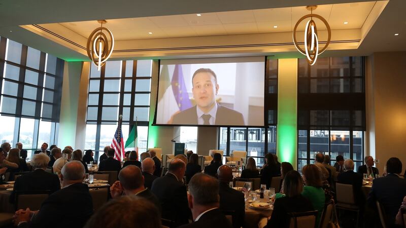 Taoiseach Leo Varadkar delivers a video message to the Team Ireland business leaders lunch in Washington DC. Photograph: Niall Carson/PA Wire